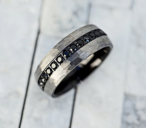 Open image in slideshow, Men&#39;s Black Diamond Hammered Finish Tungsten Ring, Silver Domed Ring, Black Sapphire Ring Band, Black Diamond Ring, Tungsten Carbide Ring
