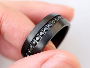 Open image in slideshow, Black Diamond Tungsten Wedding Band, Black Diamond Engagement Ring, Mens Domed Black Tungsten Ring - 8mm
