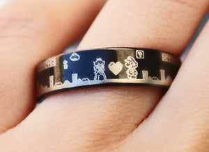Open image in slideshow, Super Mario and Super Mario Princess Wedding Ring, Super Mario Black Tungsten Wedding Band, Video Game Ring, Super Mario Mens Ring
