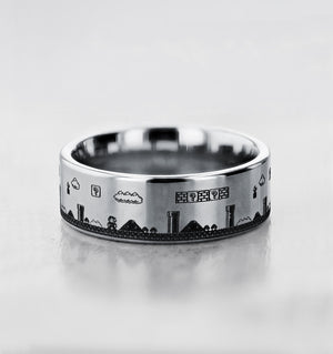 Open image in slideshow, Engraved Super Mario Bros Video Game Wedding Band, Video Game Themed Wedding Ring, Retro Game Ring - Silver, Gold, Black Colors 2mm to 10mm
