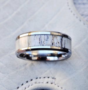 Open image in slideshow, Deer Antler Inlay Tungsten Carbide Ring Medium Polished Beveled Edge - 8mm Available - Lifetime Size Exchanges
