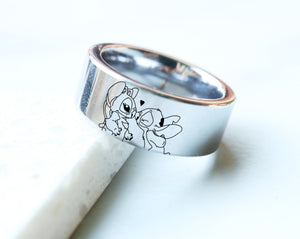 Open image in slideshow, Lilo and Stitch Wedding Band, Disney Lilo And Angel Wedding Ring, Disneyland Engagement Ring
