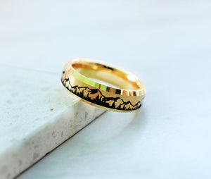 Mountain Ring, Forest Ring, River Ring, Howling Wolf Ring, Nature Ring, Wanderlust Wedding Band Mountain Promise Ring
