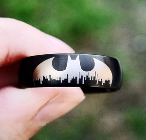 Open image in slideshow, everaftercreative Ring Batman Symbol Wedding Ring, Gotham City Ring, Superhero Wedding Band
