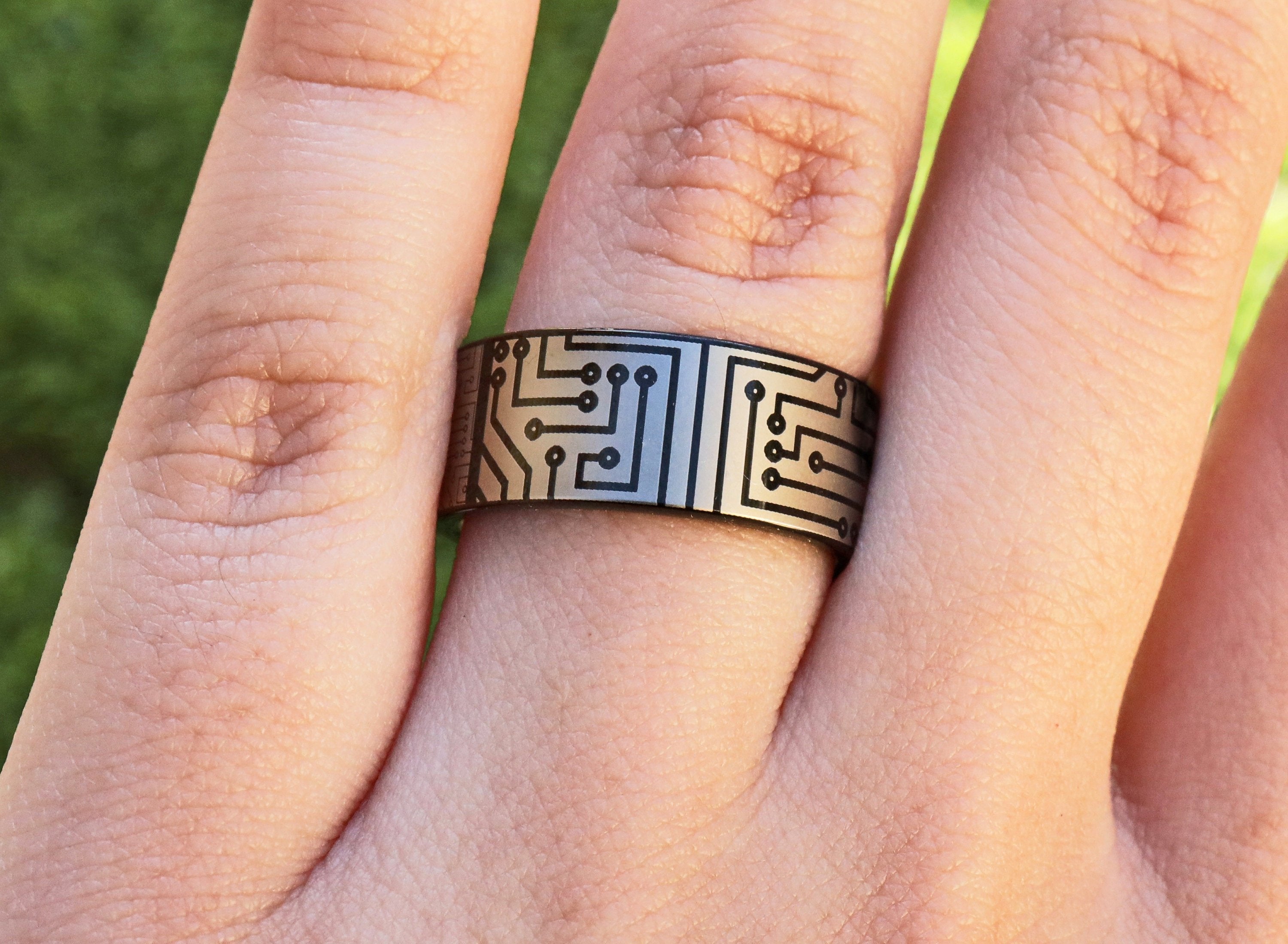 Black Inverted Circuit Board Ring for Men, Computer Wedding Ring Tungs