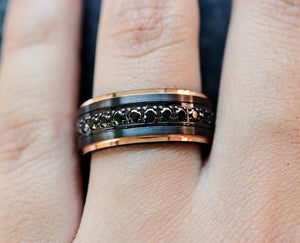 everaftercreative Ring Black Sapphire Tungsten Wedding Band, Black Sapphire Diamond Engagement Ring, Mens Black and Rose Gold Beveled Brushed Wedding Ring