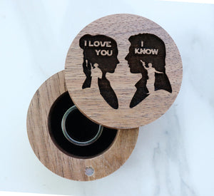 Open image in slideshow, everaftercreative Ring Box Princess Leia and Han Solo Wedding Ring Box, I Love you I Know Wood Box, Star Wars Ring Box.
