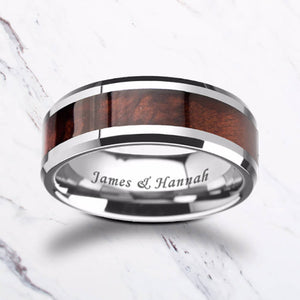 Open image in slideshow, Ring - Custom Personalized Engraved Beveled Red Wood Inlay Tungsten Carbide Ring - 8mm Available
