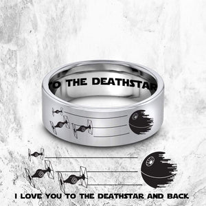 Open image in slideshow, everaftercreative Ring Deathstar Star Wars Wedding Ring, Tie Fighters Ring, I love you to the Deathstar and Back
