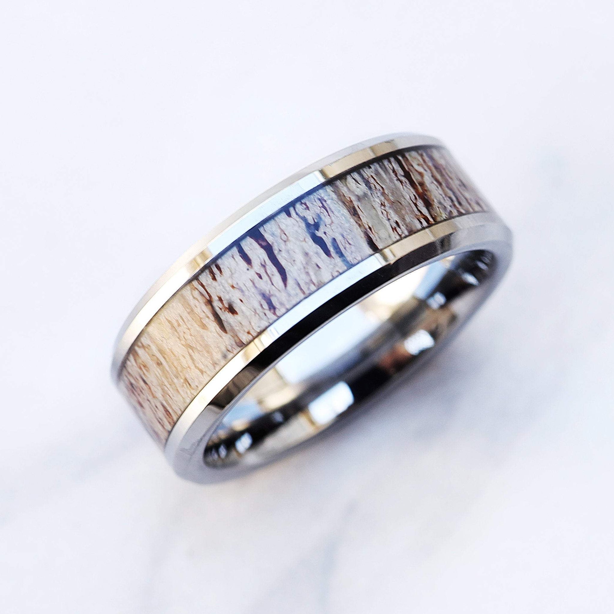 On sale Stainless Steel With Antler Inlay Men's Band