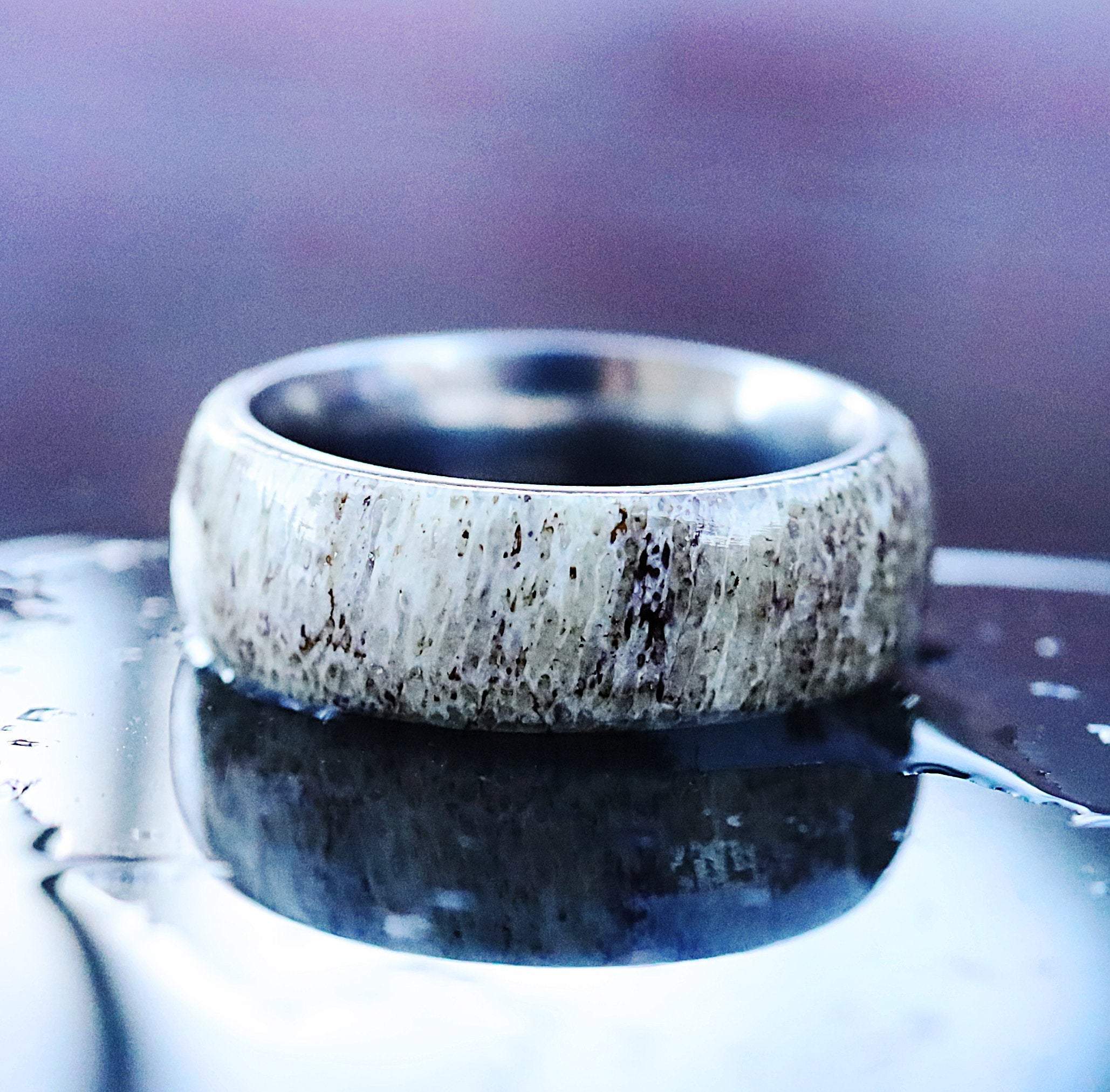 Deer Antler Ring, Domed Deer Antler Inlay Wedding Band, Titanium Deer