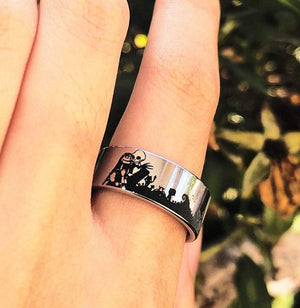 Open image in slideshow, everaftercreative Ring Disney Engagement Ring, Jack and Sally Ring Nightmare Before Christmas Jack Skellington Wedding Band
