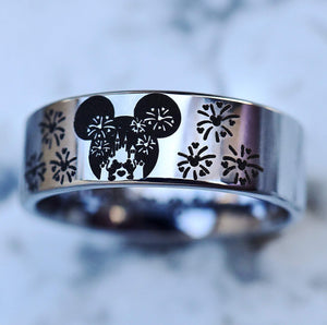 Open image in slideshow, everaftercreative Ring Disney Engagement Ring, Mickey and Minnie Fireworks Wedding Band, Mickey Mouse Silhouette Ring
