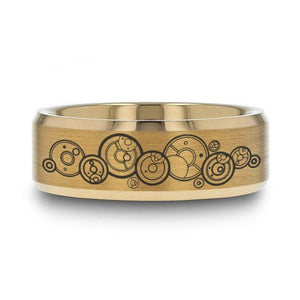 Open image in slideshow, everaftercreative Ring Dr. Who Couple Gold Tungsten Band Gallifreyan Pattern Together Forever Through Time and Space Rings.
