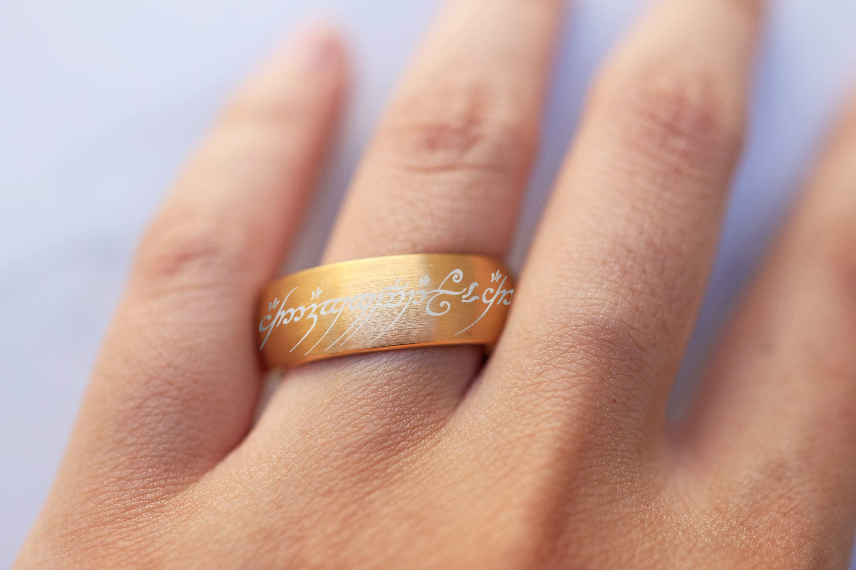Elvish Script Gold Brushed Tungsten Wedding Band, Fantasy Wedding Ring Elvish Script Gold Brushed Tungsten Wedding Band, Fantasy Wedding Ring