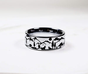 Open image in slideshow, everaftercreative Ring Howling Wolf Ring, Howling Wolves Wedding Rings, Mountain Outdoor Wedding Band, Wolf Tungsten Ring.
