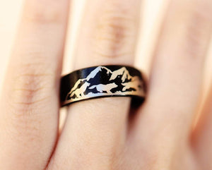 Open image in slideshow, everaftercreative Ring Howling Wolf Ring, Wolf Ring, Wolves Wedding Band, Wolf Ring, Wolf Pack Ring, Tungsten Carbide Ring.
