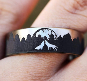 everaftercreative Ring Howling Wolf Wedding Ring, Howling Wolves Engagement Ring, Wolves Wedding Band, Wolf Promise Ring
