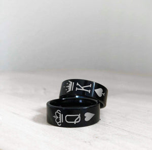 Open image in slideshow, everaftercreative Ring King and Queen Rings, 2 Piece Couple Rings Black Tungsten Bands with King Queen Crowns Wedding Rings.
