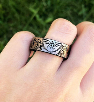 Open image in slideshow, everaftercreative Ring Legend of Zelda Tungsten His Hers Ring Triforce of Zelda, Link and Zelda Ring, Navi, Gamer Gift
