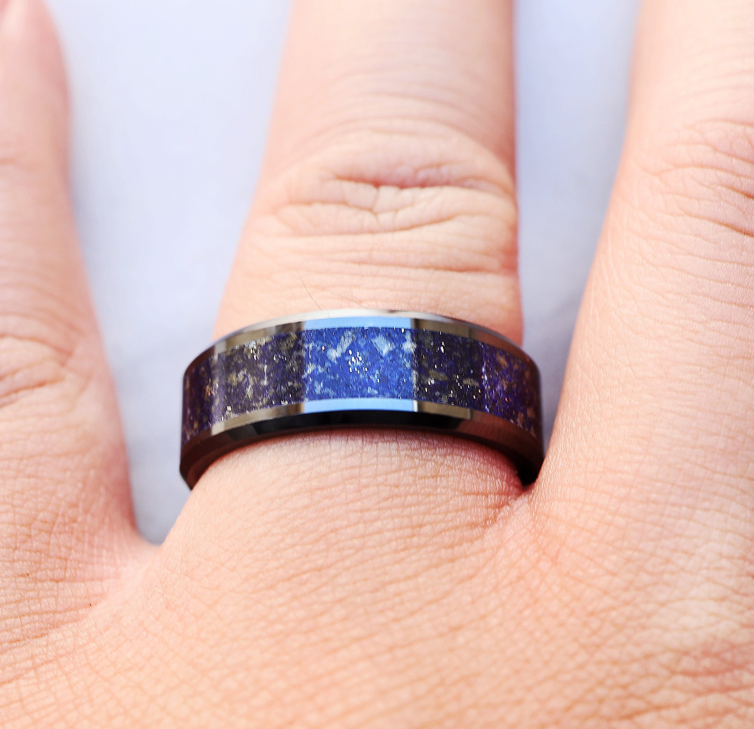 Silver Ring With Inlay Mens Silver Lapis Wedding Band, Blue Lapis Ring, Lapis Lazuli Inlay Ri