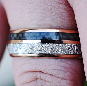 Open image in slideshow, everaftercreative Ring Meteorite Ring, Meteorite Inlay and Carbon Fiber Wedding Band, Meteorite Mens Inlay Ring
