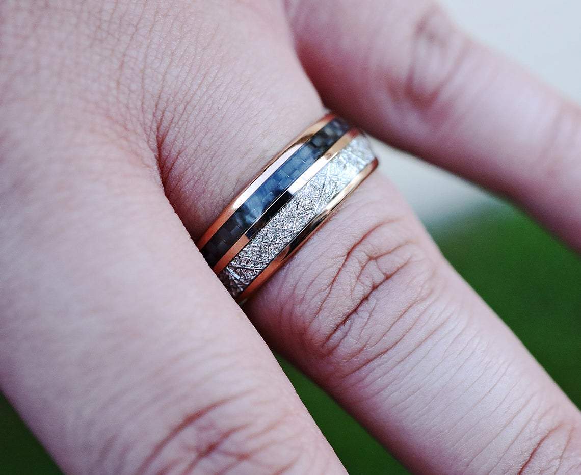 Meteorite Ring, Meteorite Inlay and Carbon Fiber Wedding Band, Meteori