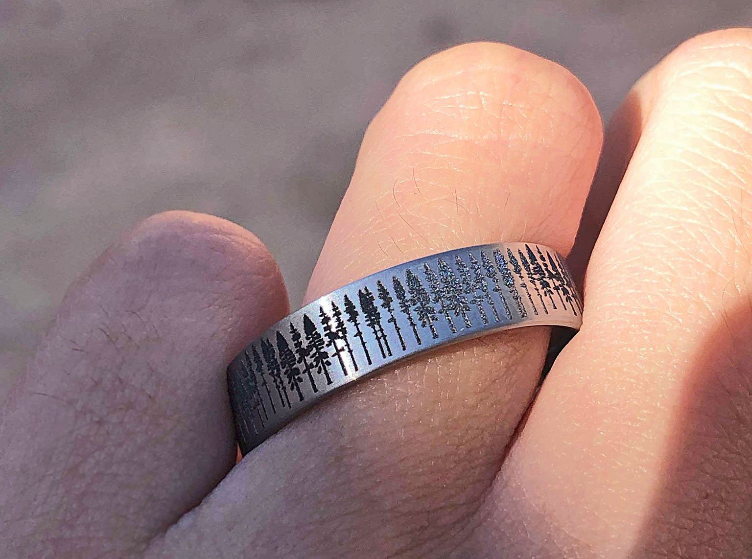 Pine Tree Wedding Ring, Forest Ring, Tree Nature Ring, Howling Wolf Ri
