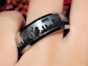 Open image in slideshow, everaftercreative Ring Superhero Wedding Band, Catwoman Engagement Ring, Batman Wedding Ring, Batman Jewelry.

